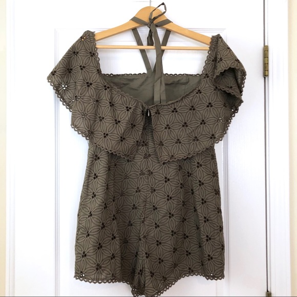 Anthropologie J.O.A. Olive Lace Halter Cold Shoulder Romper Green Brown - Picture 5 of 8
